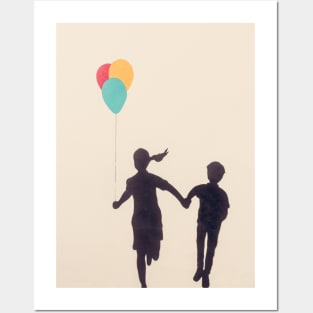 Girl and Boy with Balloons Posters and Art